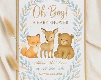 Paquete de invitaciones para baby shower con temática de bosque: zorro, ciervo y oso (kit editable e imprimible)