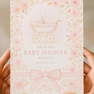 Faire-part de baby shower floral rose pour fille - Invitation de baby shower en or rose blush - téléchargement immédiat - carte de shower de bébé fille