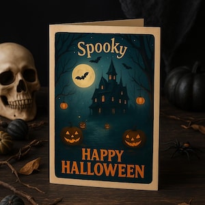 Biglietto di auguri di Halloween con casa infestata da fantasmi – Biglietto di auguri stampabile con zucca di Halloween – Biglietto di auguri digitale di Halloween – Scarica Happy Halloween