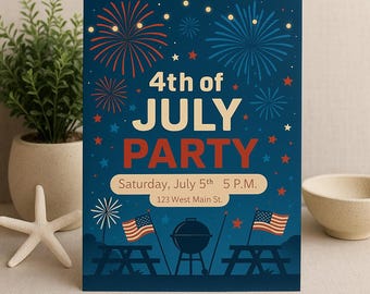 Patriotic 4th of July BBQ Invitation – Red, White & Blue Fireworks (Instant Download)