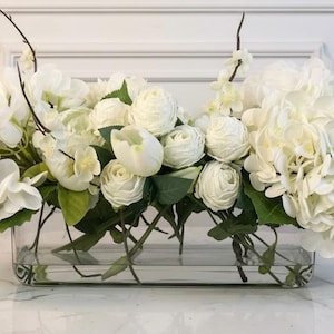Faux White Hydrangea & Rose Centerpiece in Vase with Artificial Water