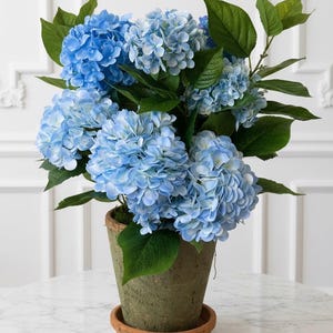 Artificial Blue Hydrangea Plant, Aged Moss Terracotta Pot, Realistic Floral Arrangement