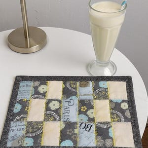 Gray & Yellow Quilted Mug Rug • Oversized Cotton Coaster • Patchwork Desk Mat
