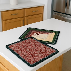 Log Cabin Quilted Mini Quilts • Burgundy & Green Patchwork Mug Rug • Oversized Cotton Coaster