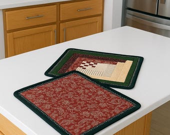 Log Cabin Quilted Mini Quilts • Burgundy & Green Patchwork Mug Rug • Oversized Cotton Coaster
