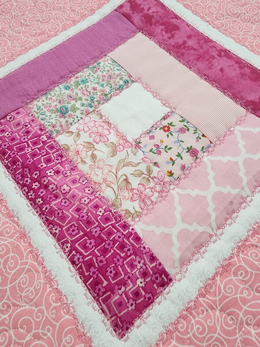 Handmade Table Quilt, Log Cabin Patchwork Quilted Table Mat, Candle Mat