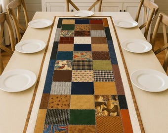 Handmade Patchwork Table Runner • Wildlife Prints, Rustic Cabin Decor (58" x 19")