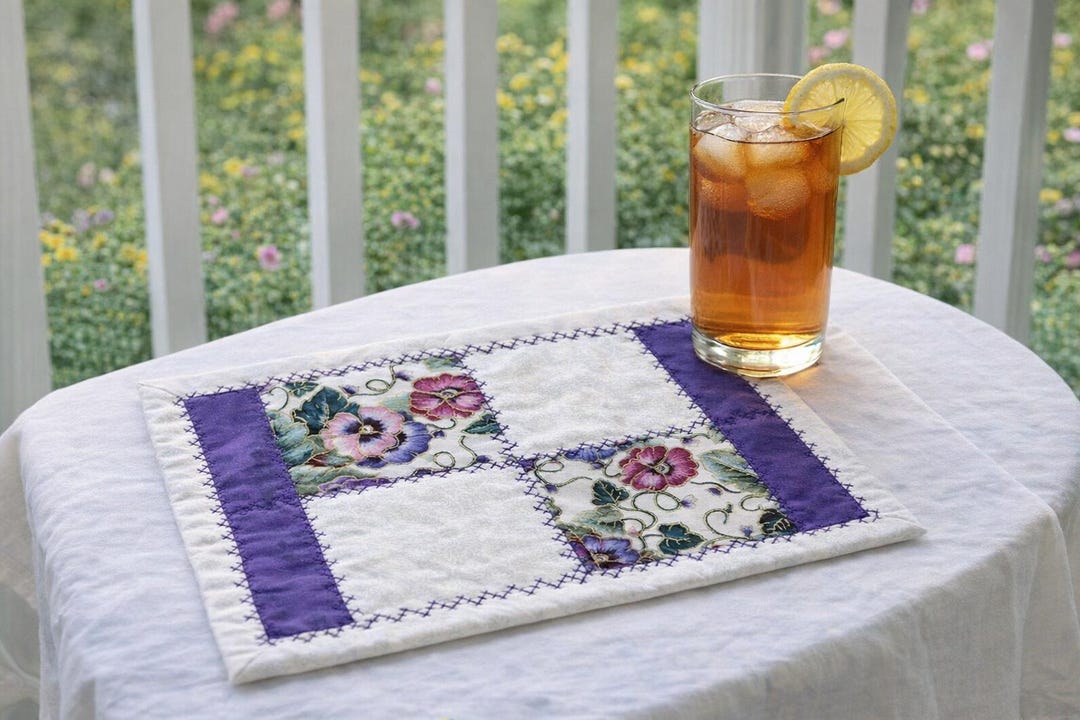 Quilted Mug Rug • Large Coaster • Purple Floral Spring Accent - Etsy