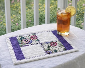 Quilted Mug Rug • Large Coaster • Purple Floral Spring Accent
