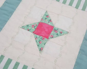 Patchwork table runner,   shelf liner, long table runner quilt, sea glass green and hot pink