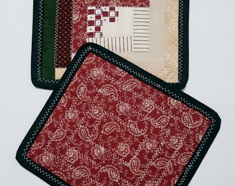 Log cabin patchwork mini quilt, large mug rug, oversized coaster, quilted candle mat, paisley print, burgundy and green