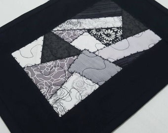 Quilted patchwork oversize mug rug gray, white and black crazy quilt pattern large mug rug, mini quilt, table mat, table topper