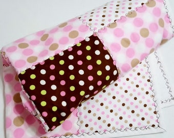 Baby quilt, baby blanket, floor play quilt, new born quilt, pink and brown baby quilt, polka dot blanket