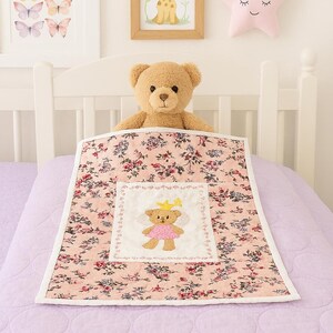 Handmade Mini Doll Quilt – 13.5" x 10" – Floral Patchwork with Embroidered Bear Fairy