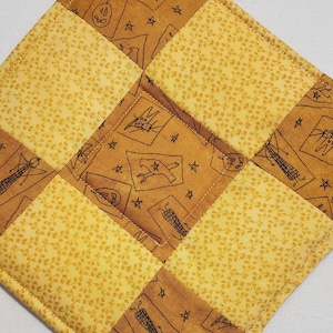 Handmade potholders yellow and tan primitive print nine patch quilted potholder trivet hot pad kitchen decor cookware