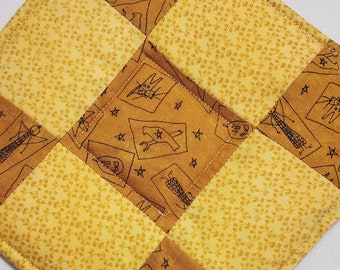 Handmade potholders yellow and tan primitive print nine patch quilted potholder trivet hot pad kitchen decor cookware