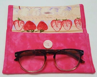 Glasses case soft fabric eyewear pouch sunglasses case with white button closure hot pink with strawberries all natural cotton quilt batting