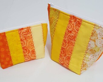 Set of two patchwork cosmetic bags travel bag toiletry bag quilted cosmetic tote makeup case patchwork zippered orange and yellow makeup bag