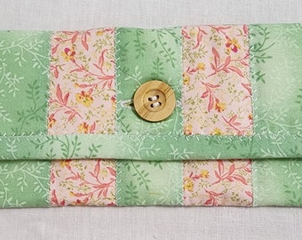 Eyewear case sunglasses case coupon holder lime green, peach floral and yellow quilted glasses keeper fabric wallet with button closure