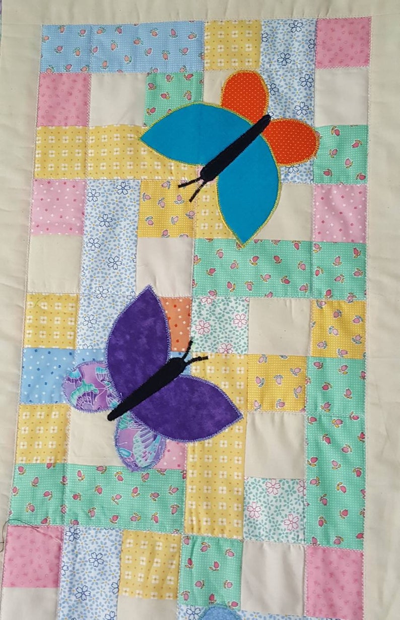 Teal table topper Quilted Table Runner table mat Patchwork with Applique Butterflies in Orange Blue and Purple table quilt
