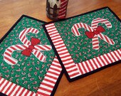 Holiday Quilted Christmas Mug Rugs, Snack Mats, Candle Mats or Mini Quilts featuring applique Candy Canes