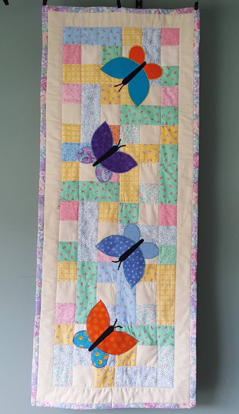 Teal table topper Quilted Table Runner table mat Patchwork with Applique Butterflies in Orange Blue and Purple table quilt