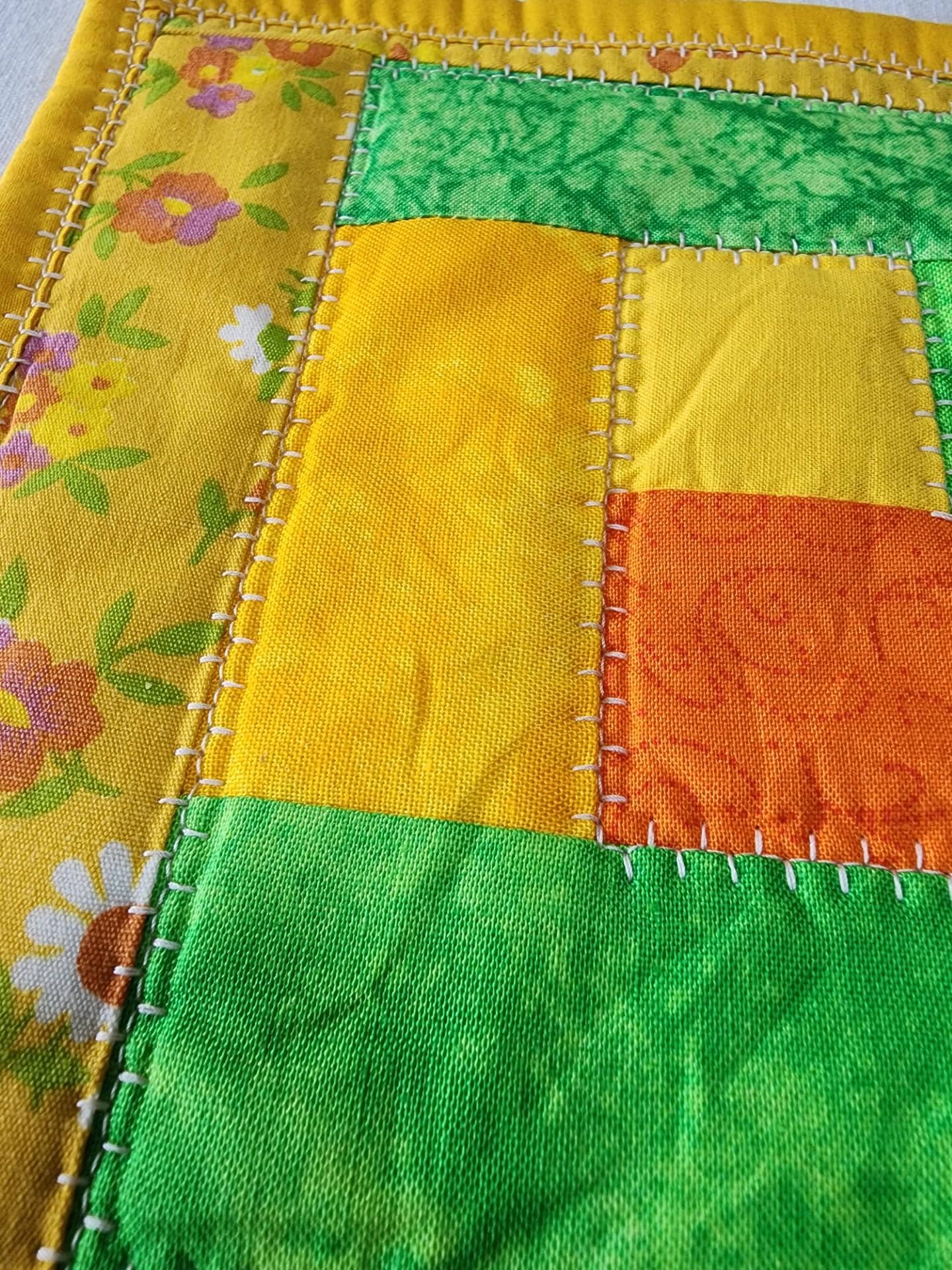Handmade Quilted Mug Rug • Yellow Green Orange Cotton Coaster (7