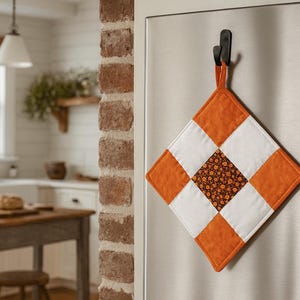 Handmade Nine Patch Quilted Potholder – Orange, Brown & White Trivet or Hot Pad