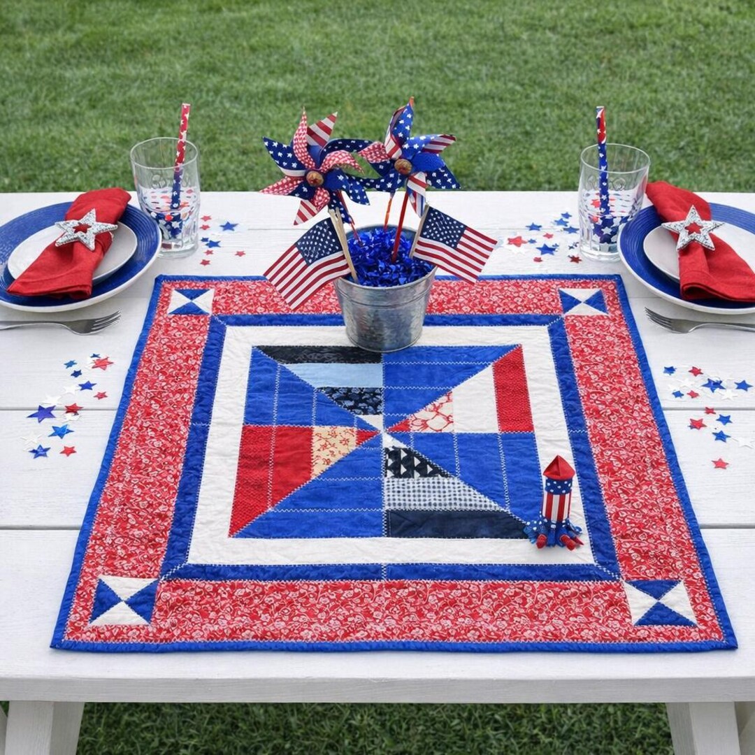 Patriotic Quilted Table Topper • Red White & Blue Pinwheel ...