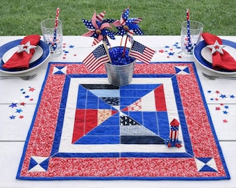 Patriotic Quilted Table Topper • Red White & Blue Pinwheel • Independence Day Picnic Decor