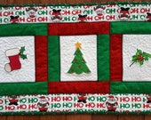 SALE Holiday Quilted Table Runner, Candle Mat or Mini Quilt Christmas featuring a stocking, Christmas tree and holly