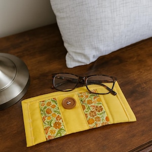 Quilted Fabric Case – Yellow & Goldenrod Floral – Eyewear Pouch with Button Closure – Multi-Purpose Organizer