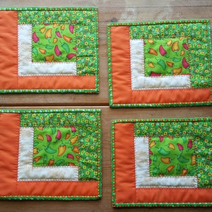 Quilted Mug Rug in Green, Orange and Light Yellow Chili Pepper Fabric Spanish Kitchen Tex Mex Texican large coasters hot pad mug rugs image 3