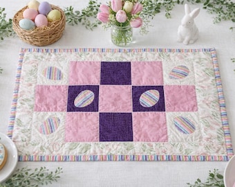 Easter Patchwork Table Mat – Quilted Pastel Decor with Egg Appliqués – Spring Centerpiece