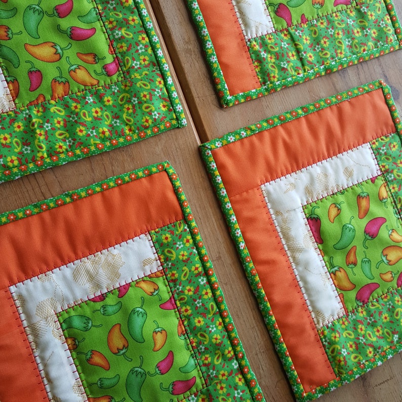 Quilted Mug Rug in Green, Orange and Light Yellow Chili Pepper Fabric Spanish Kitchen Tex Mex Texican large coasters hot pad mug rugs image 2