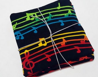 Musical notes quilted beverage or drink coasters, mug rugs black with primary colored music bars, gift for music teacher