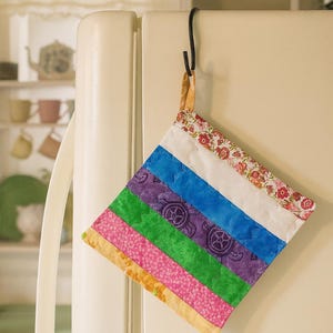 Handmade Quilted Patchwork Potholder – Multi-Color Strips – 8" Square Hot Pad or Trivet
