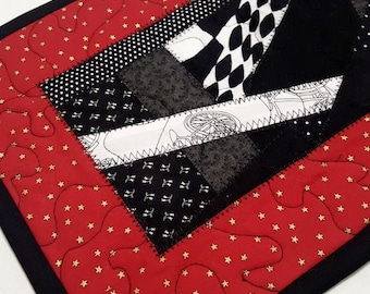 Quilted patchwork oversize mug rug red and black crazy quilt pattern large mug rug