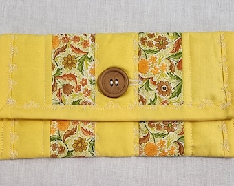 Eyewear case sunglasses case coupon holder goldenrod yellow floral quilted glasses keeper fabric wallet with button closure