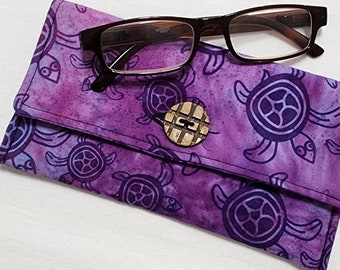 Fabric eyewear case sunglasses case coupon holder purlpe batik turtle print glass case travel case fabric wallet with button closure