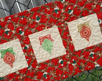 Christmas  Quilted Table Runner or Wall Hanging Features Embroidered Ornaments Red Green and White