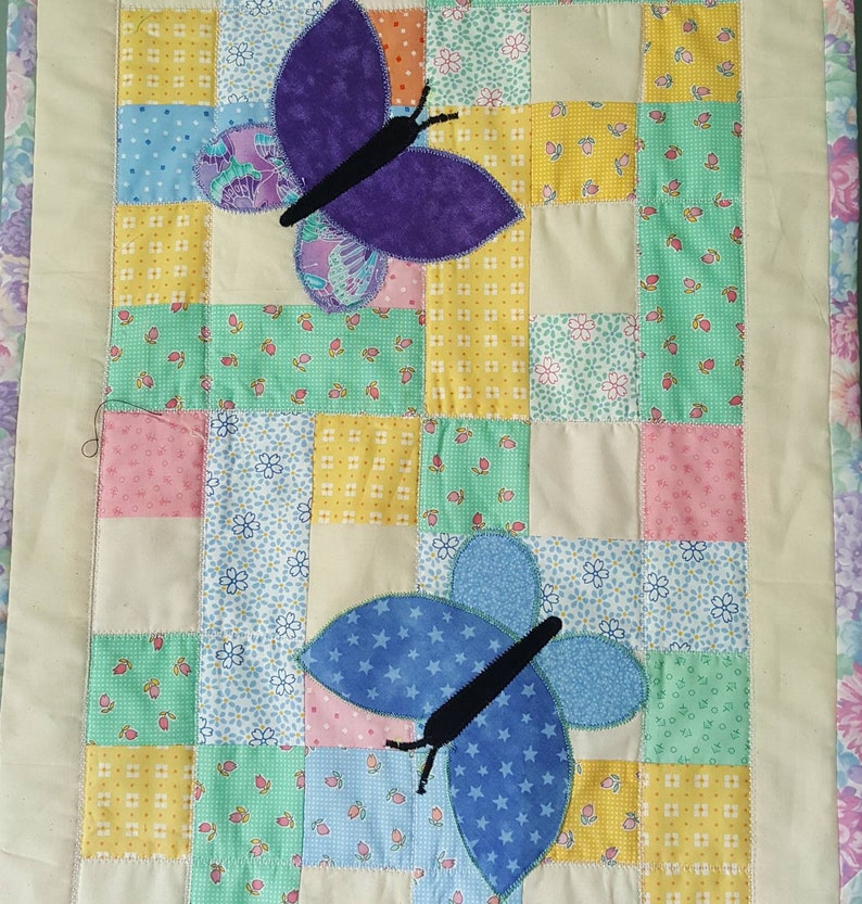 Teal table topper Quilted Table Runner table mat Patchwork with Applique Butterflies in Orange Blue and Purple table quilt
