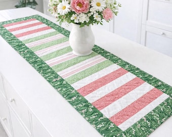 Quilted Green, Mauve & White Strip Patchwork Table Runner – 100% Cotton – Spring Decor