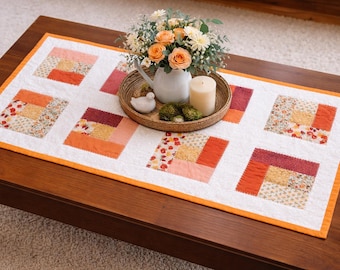 Handmade Log Cabin Patchwork Table Runner: Orange & Yellow Quilted Topper
