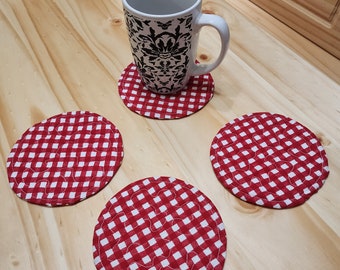 Coasters set of four (4) red and white gingham 100% cotton quilted beverage or drink coasters, mug rugs country or farmhouse decor