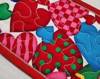 Quilted multicolor heart mug rug fabric coaster or candle mat all cotton fabric