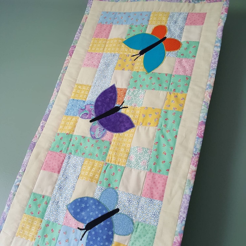 Teal table topper Quilted Table Runner table mat Patchwork with Applique Butterflies in Orange Blue and Purple table quilt