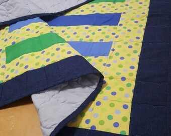 SALE Handmade Crib Quilt Baby Boy or Toddler Quilt Yellow, Green and Blue Polka Dots