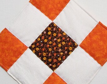 Handmade potholders orange, white and brown floral nine patch quilted potholder trivet hot pad kitchen decor cookware