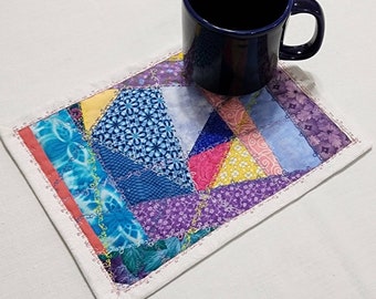 Quilted patchwork mug rug large quilted coaster crazy quilt wonky pattern large mug rug multicolored mini quilt side table quilt small quilt